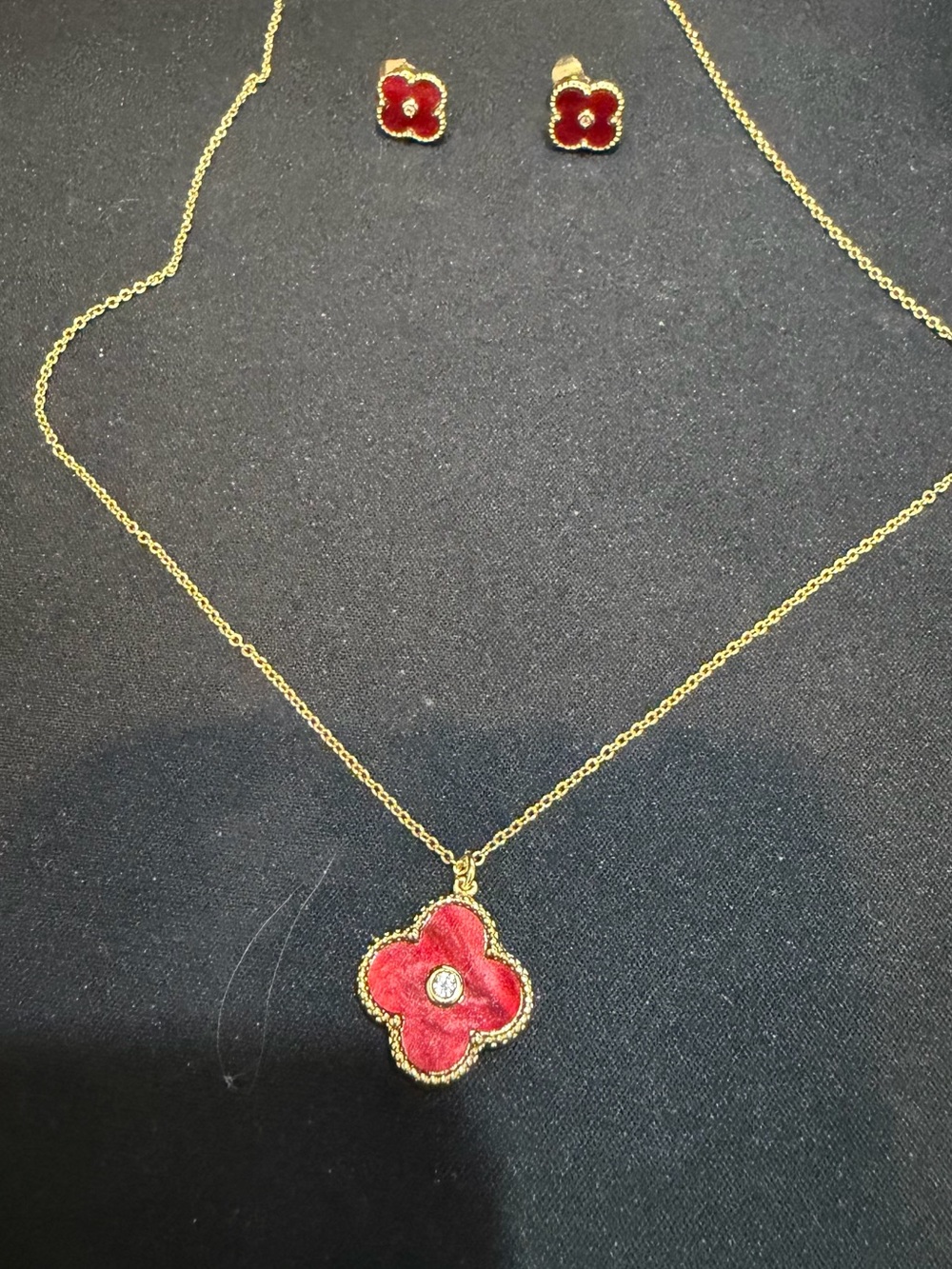 Gold-Tone Red Floral Pendant Necklace and Stud Earrings Set